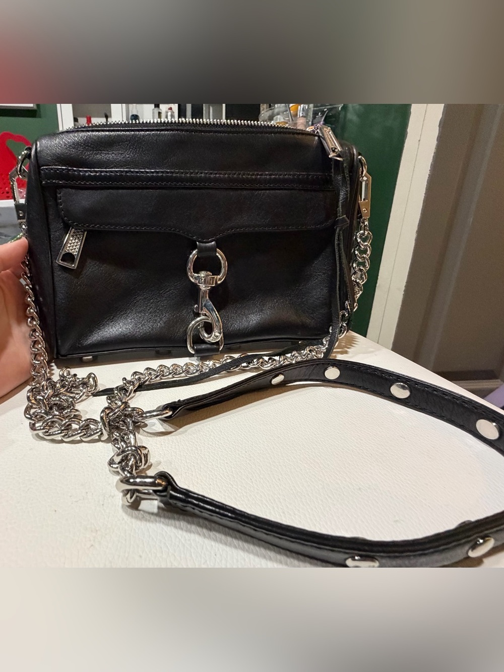 Rebecca Minkoff Black Leather Mini Crossbody with Silver Chain